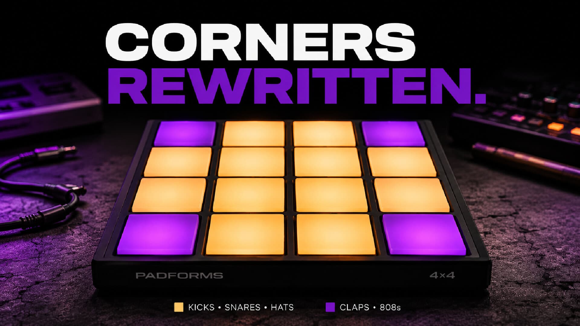 Padforms 4×4 pad grid with the four corners lit purple for claps and 808s and the centre twelve pads lit amber for kicks, snares, and hats, under the headline 'Corners rewritten.'